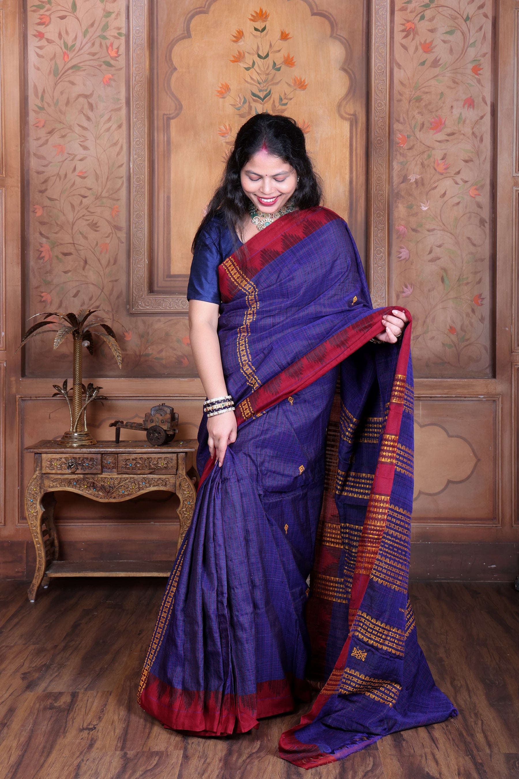 AMBARIKA PEACOCK CHECK MASTERWEAVE TUSSAR COTTON KOTPAD SAREE