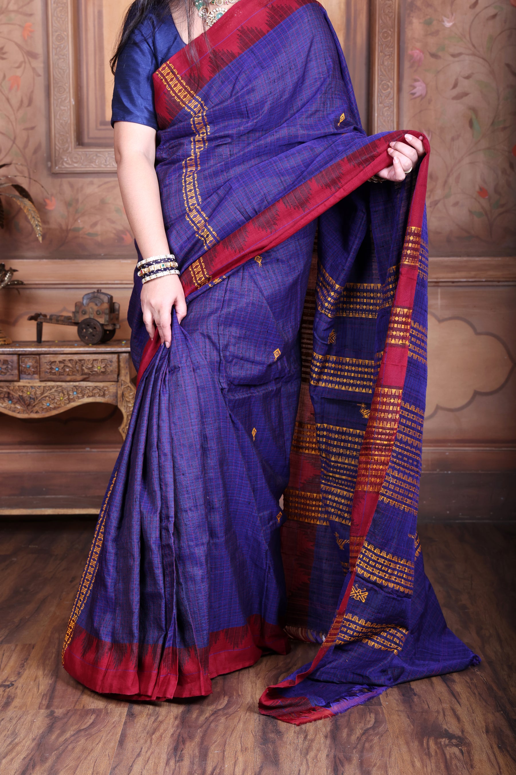 AMBARIKA PEACOCK CHECK MASTERWEAVE TUSSAR COTTON KOTPAD SAREE